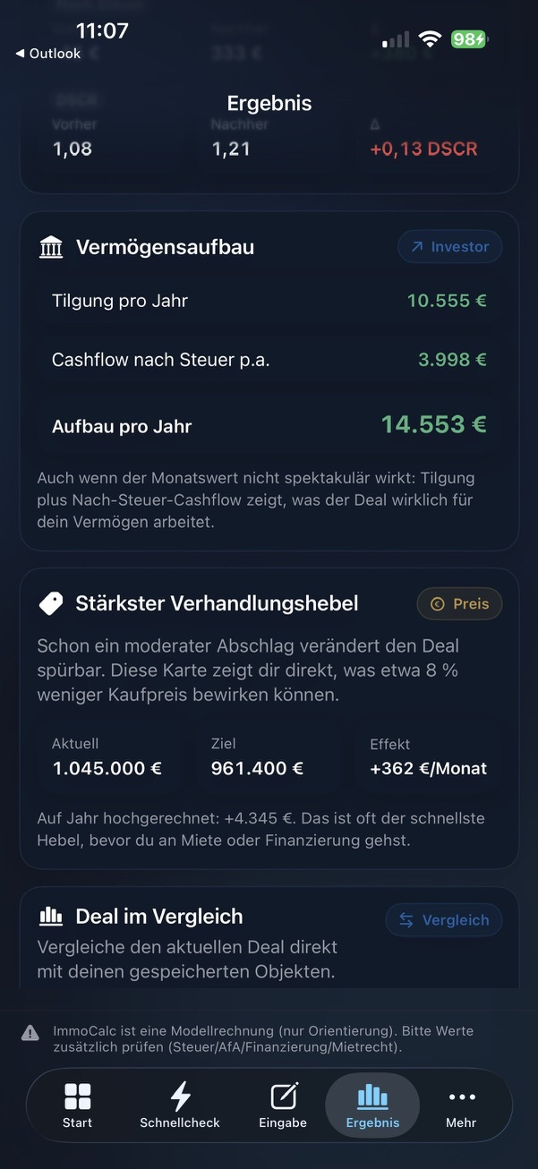 ImmoScope Ergebnisansicht mit Vermögensaufbau und Verhandlungshebel