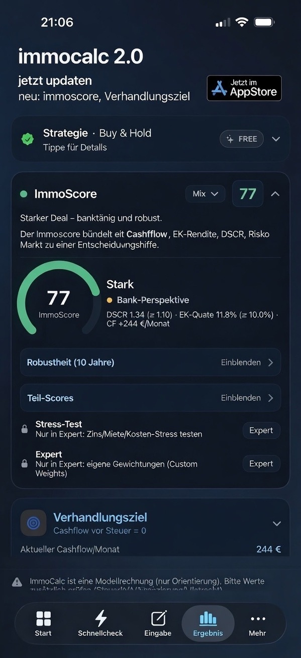 ImmoScope Screenshot mit ImmoScore und Strategieansicht