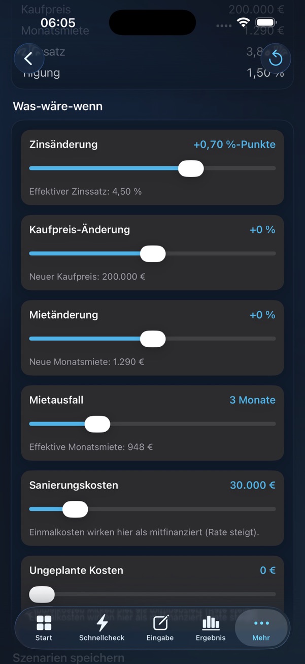 ImmoScope Was-wäre-wenn Analyse mit Reglern für Zins, Kaufpreis, Miete und Sanierung
